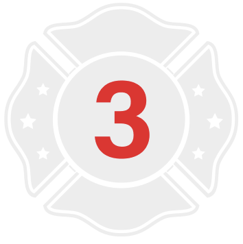 A red number three on a grey and white outline of a firefighter badge.