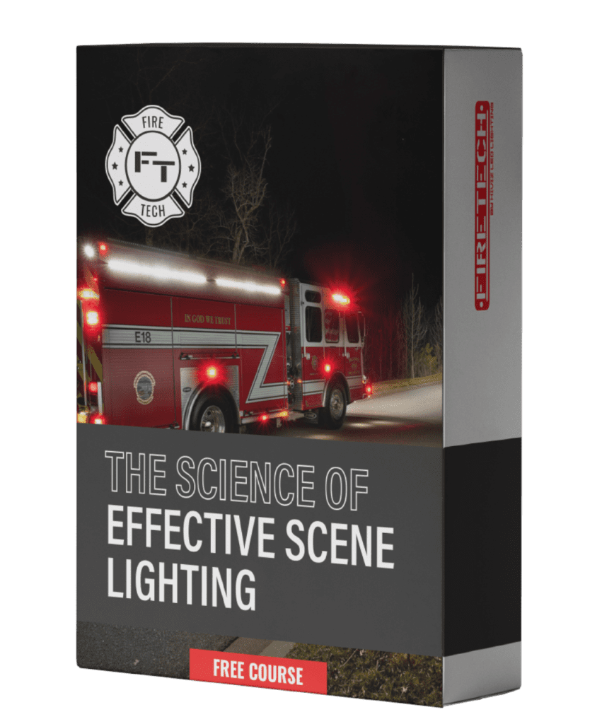 A DVD packaging featuring a firetruck at night, with a free course on The Science of Effective Scene Lighting by FireTech.