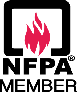 A badge with a red fire flame in a white frame and text NFPA Member.