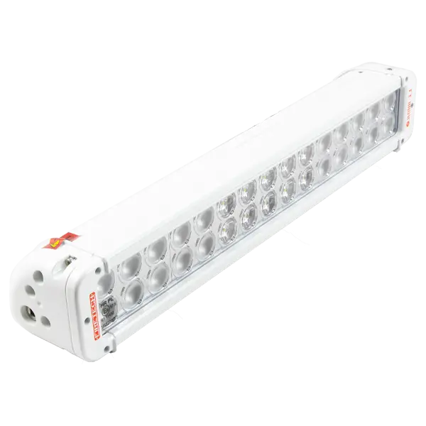 An angled view of a white Double Stack MiniBrow LED Light by FireTech that can be mounted on any area of a fire apparatus.